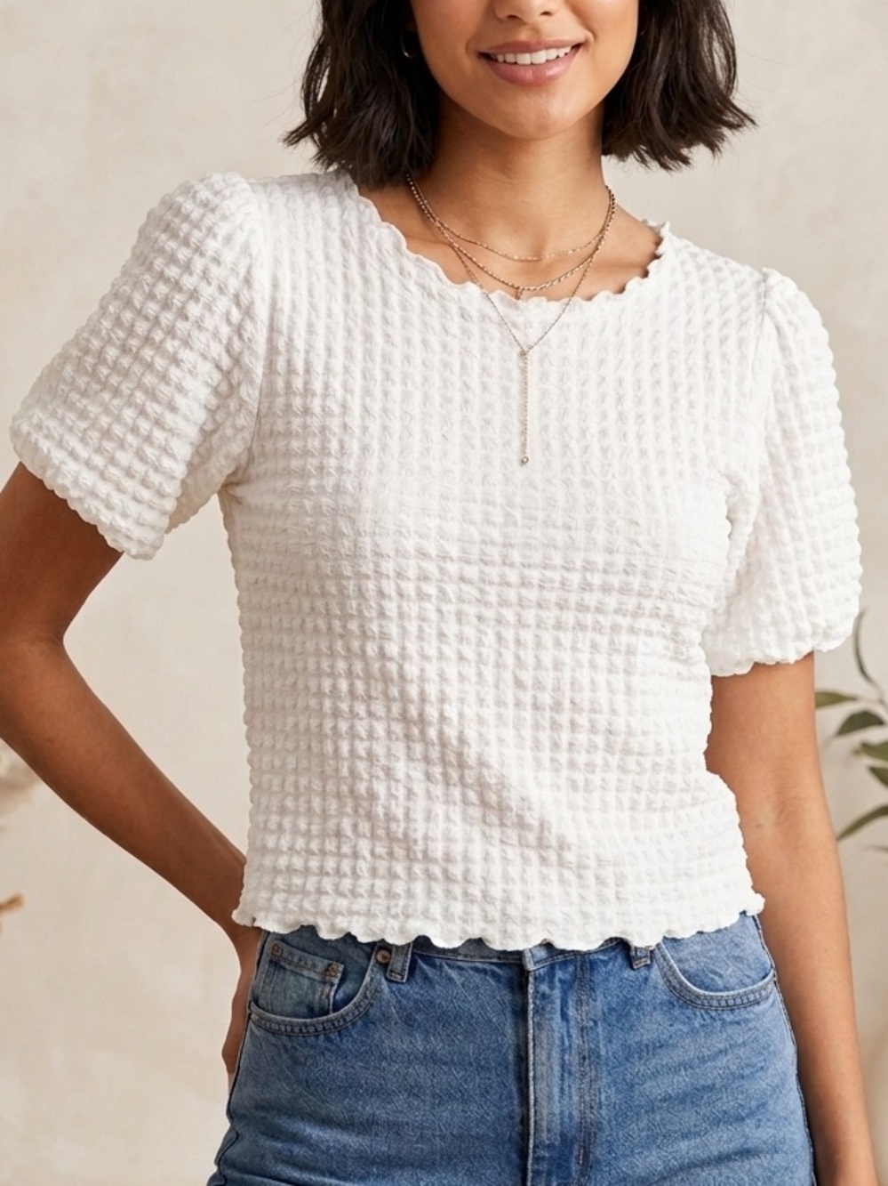 Kori White Textured Short Sleeve Blouse